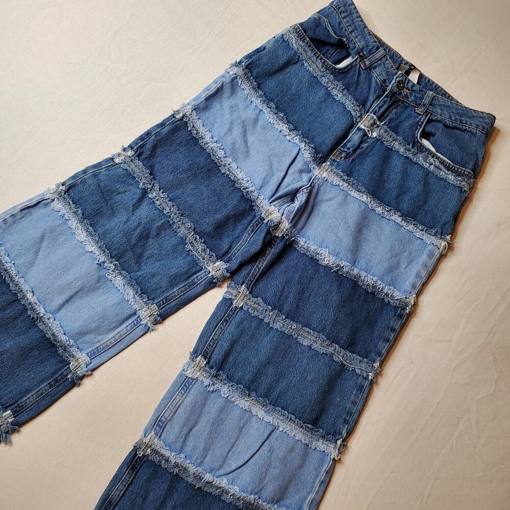 The Ragged Priest Women's Size 28 Shredder Patchwork Jeans Wide Leg Blue